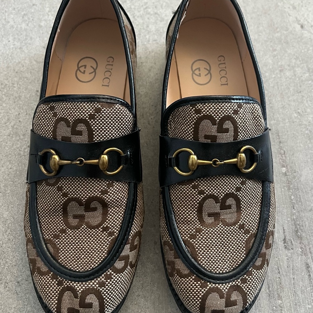 Gucci womens Monogram Brown and Black Loafers